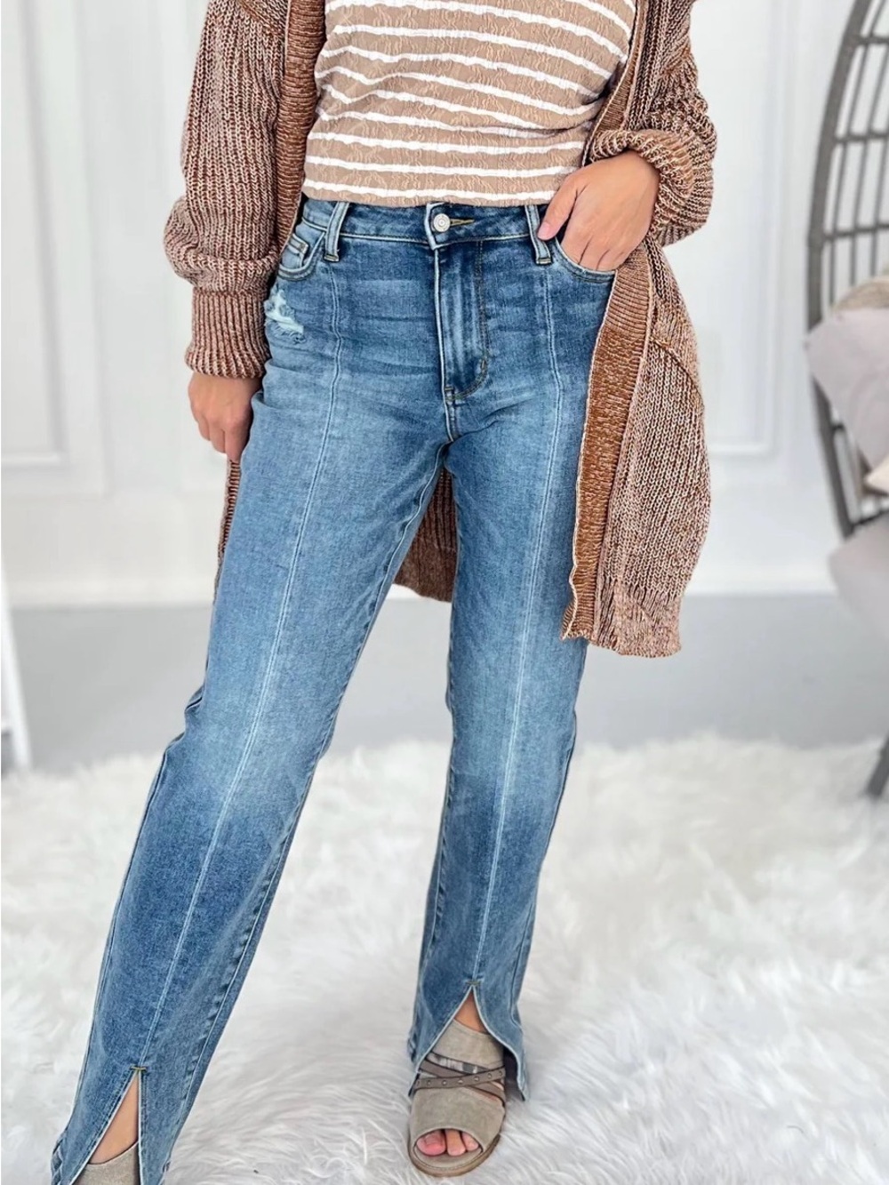 Judy Blue Light Blue Slim Straight Jeans with Front Slit Hem